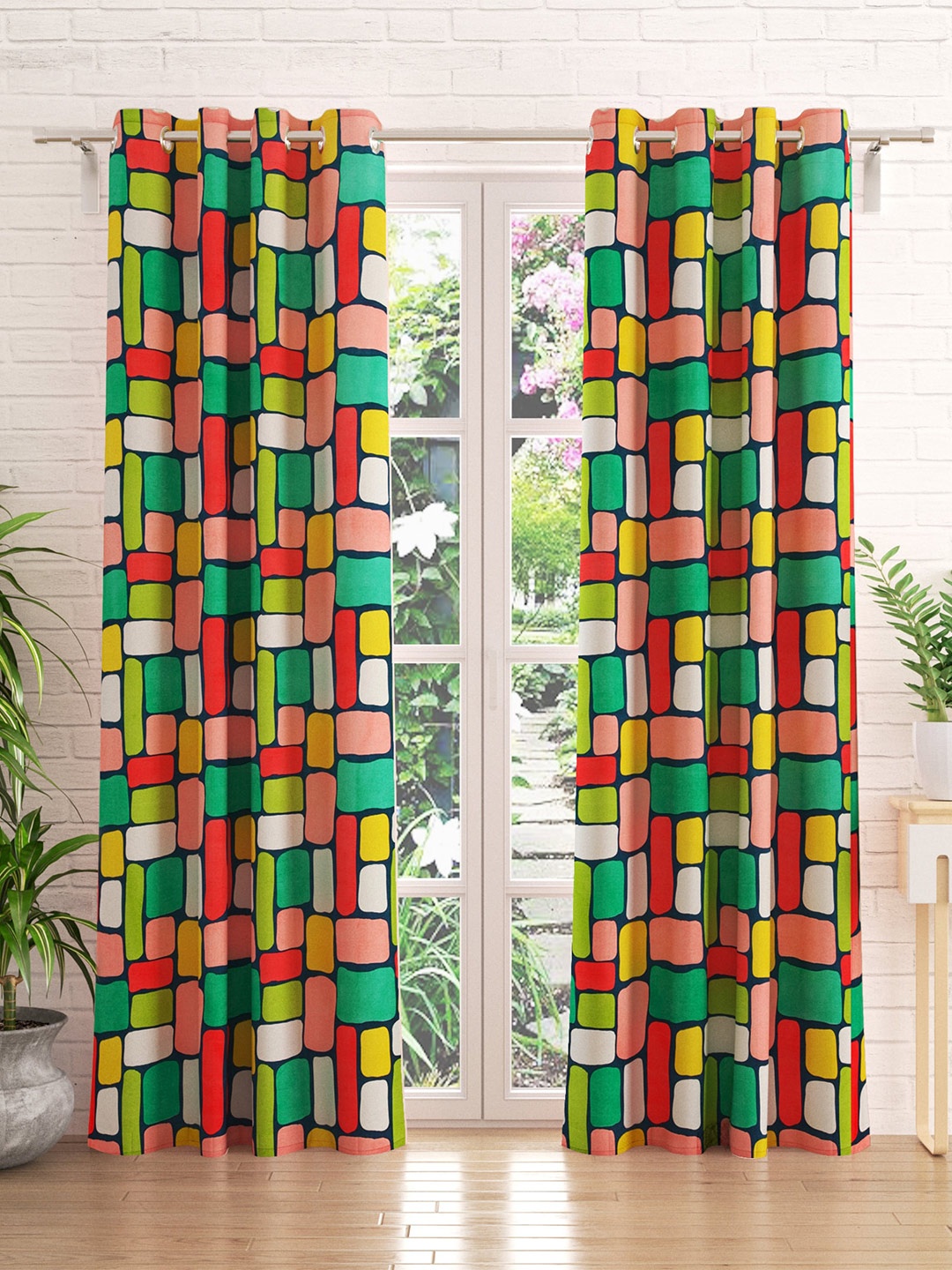 

Home Centre Green & Pink Set of 2 Black Out Door Curtain