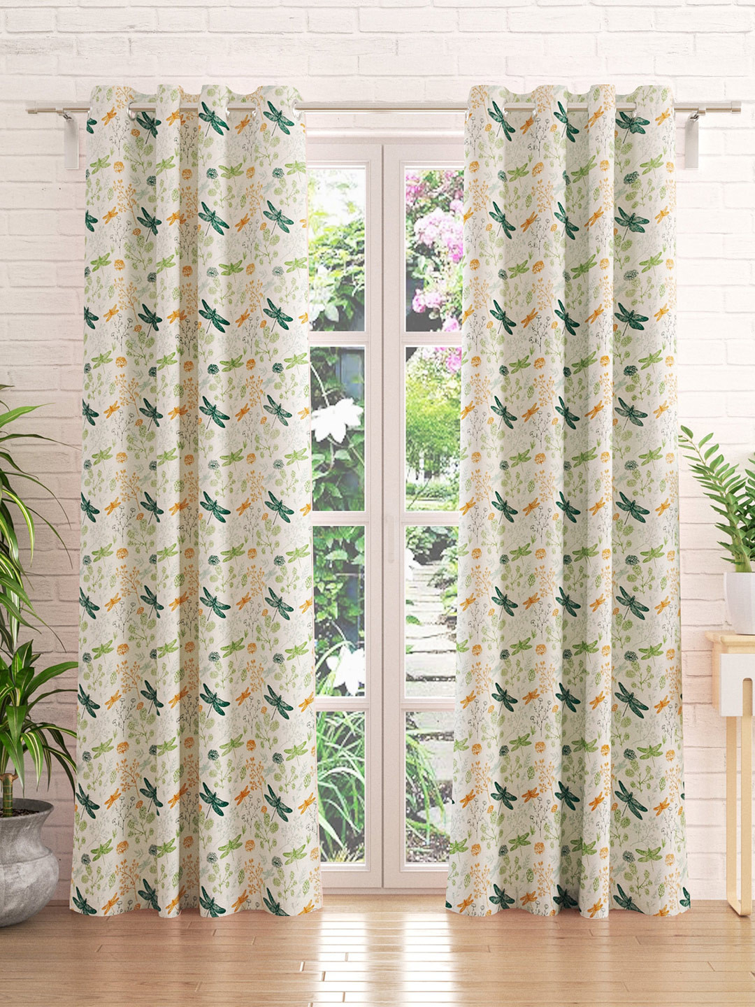 

Home Centre White & Green Set of 2 Floral Black Out Door Curtain
