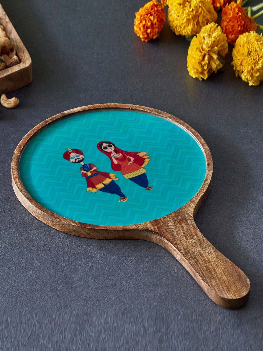 

Home Centre Showstopper Brown & Blue Printed Mango Wood Pizza Platter 25 cm
