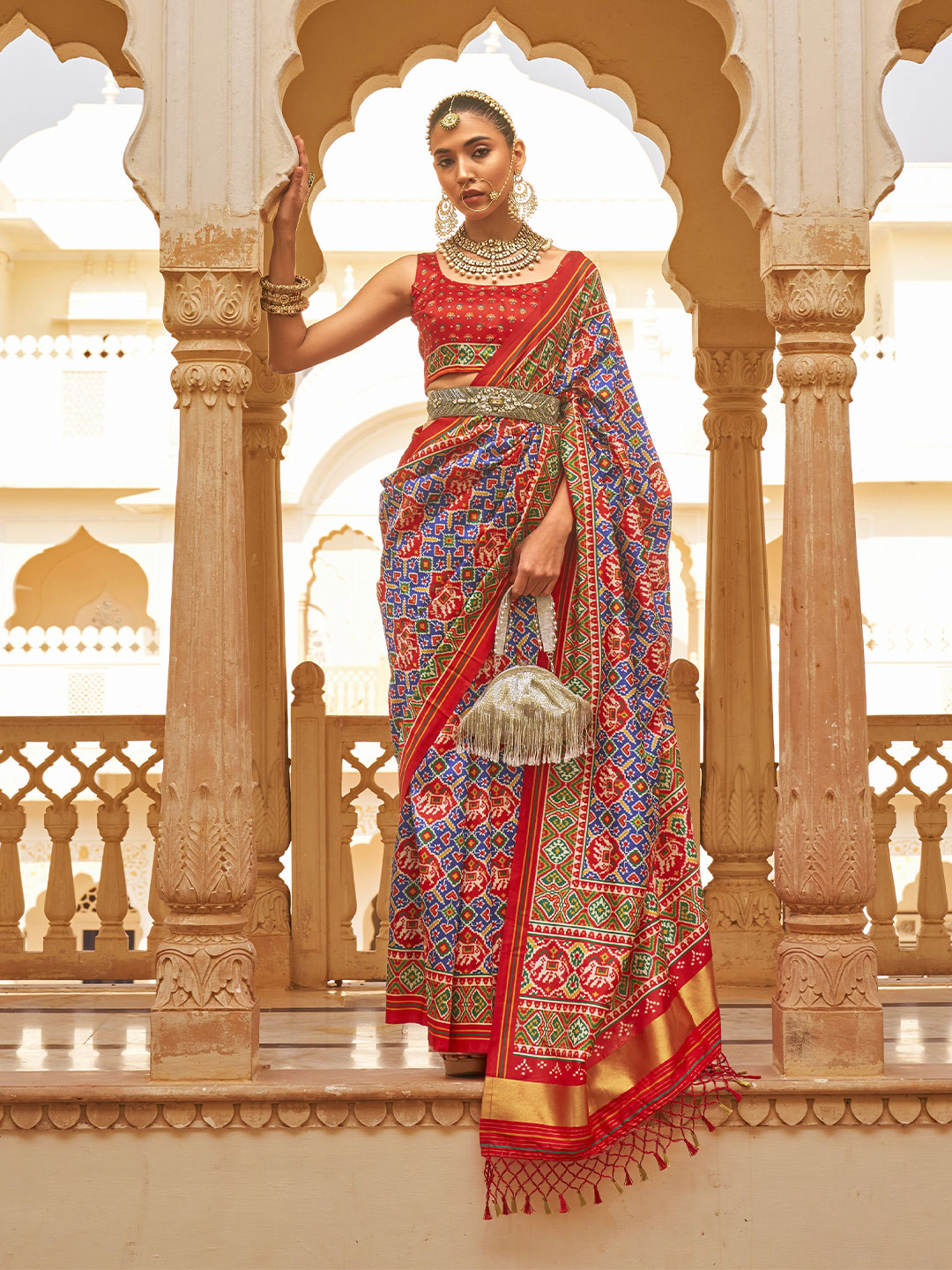 

elora Ethnic Motifs Pure Silk Patola Saree, Blue