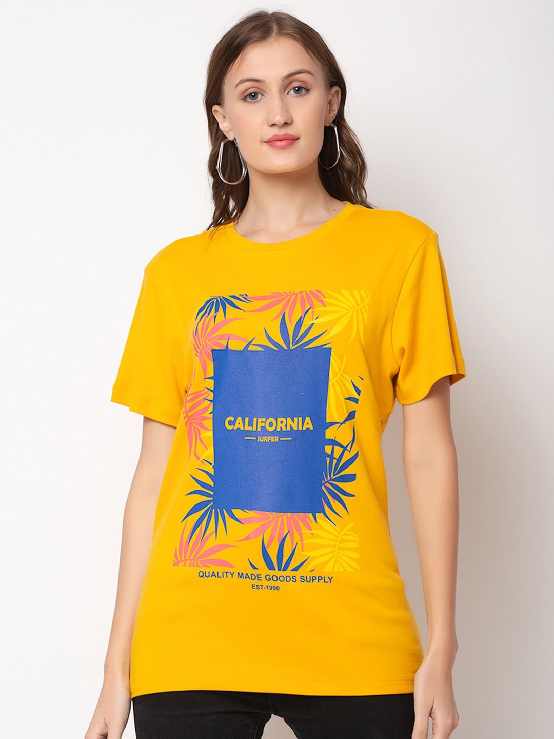

DOOR74 Women Tropical Printed Cotton T-shirt, Mustard