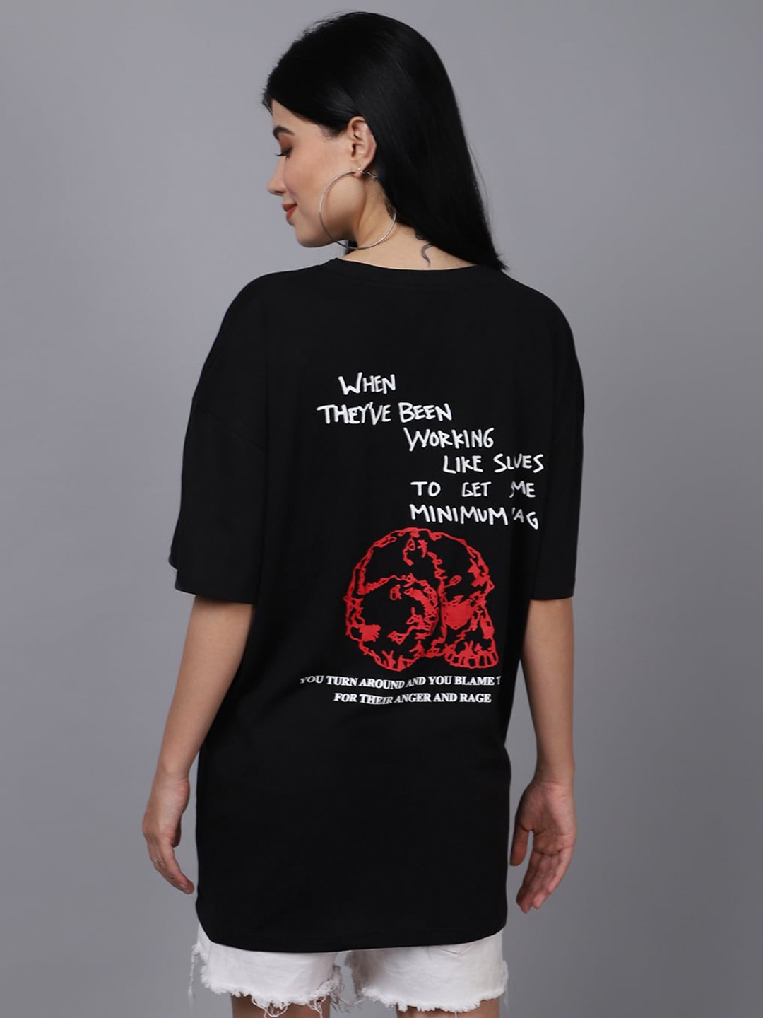 DOOR74 Women Typography Printed Oversize Cotton T-shirt, Black
