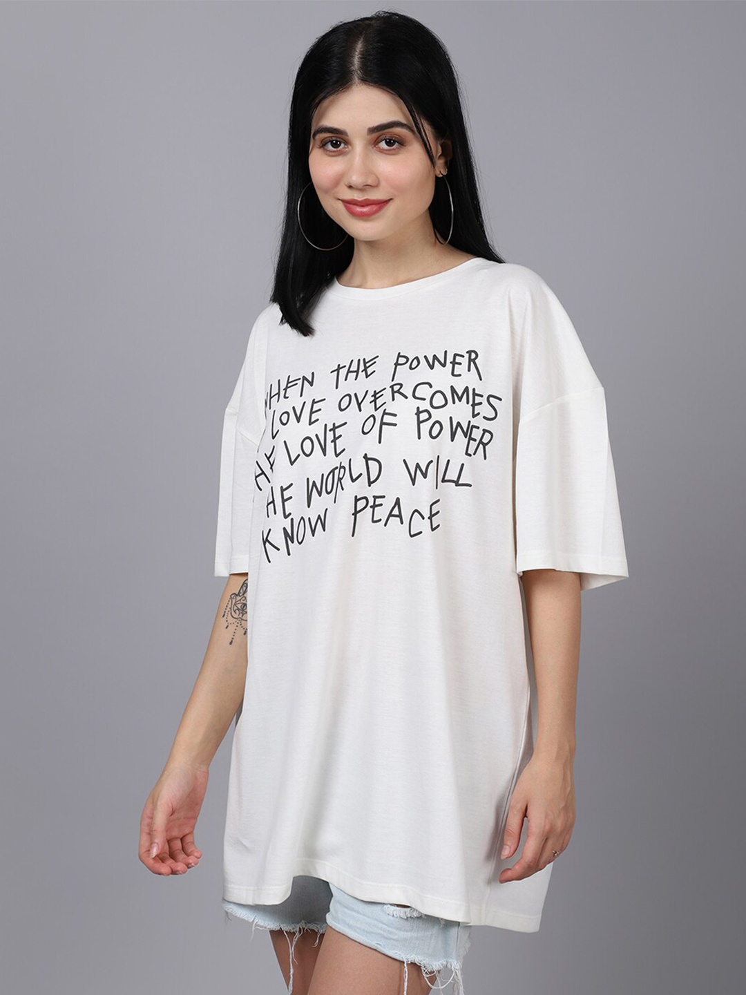 

DOOR74 Women Typography Printed Drop-Shoulder Sleeves Cotton Loose T-shirt, Off white