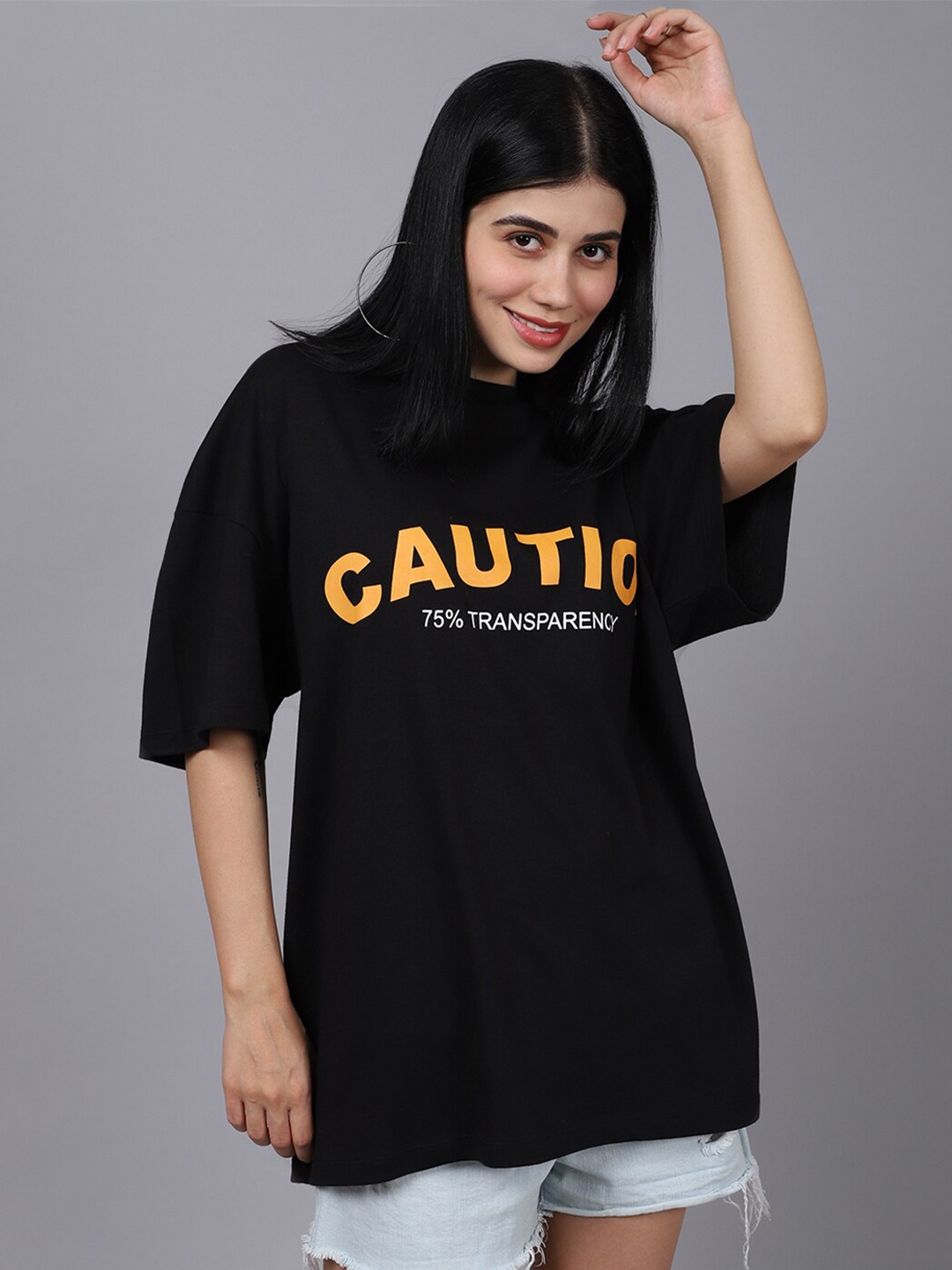 

DOOR74 Women Typography Printed Cotton T-shirt, Black