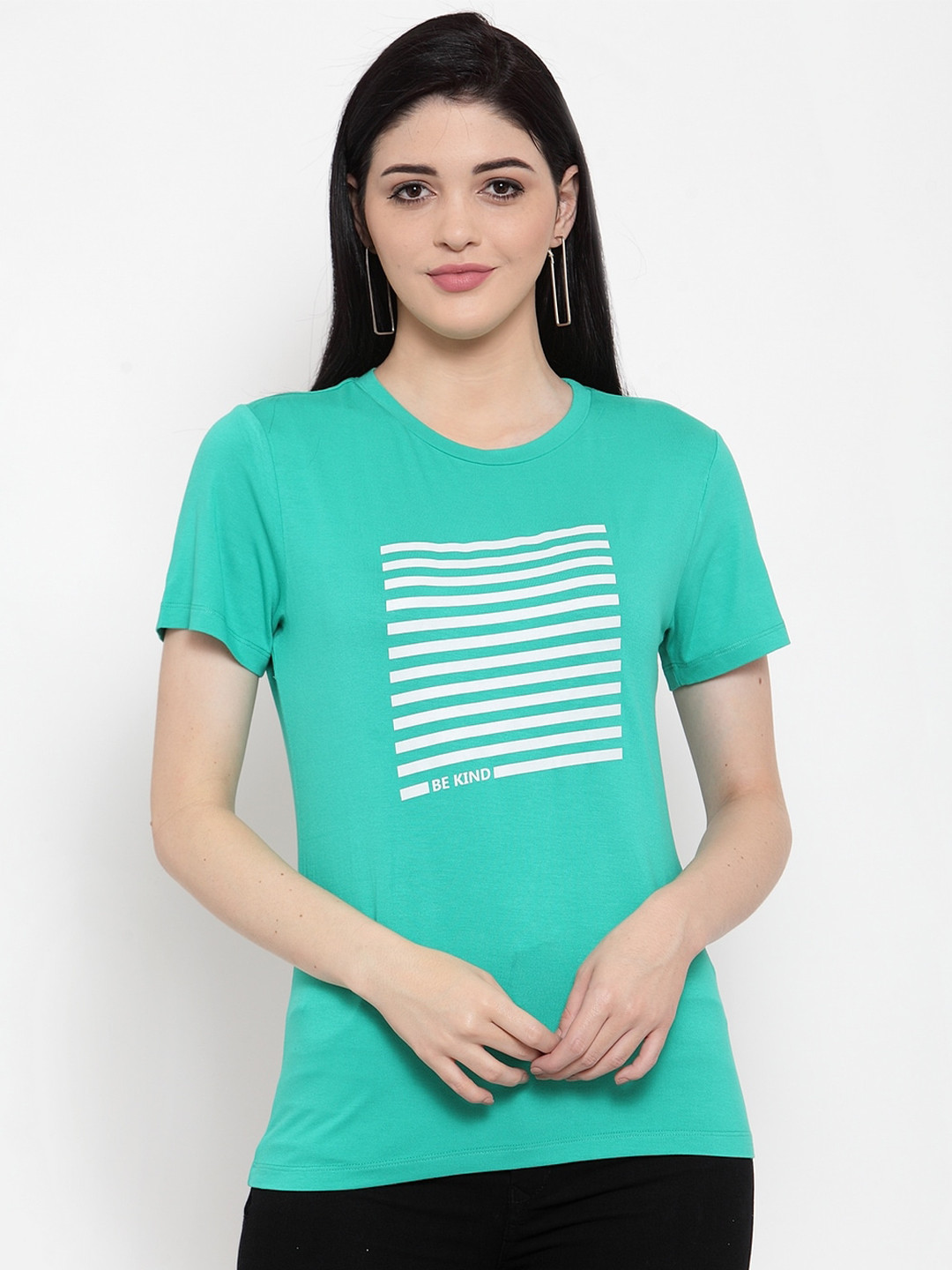 

DOOR74 Round Neck Stripe Printed Cotton T-shirt, Green