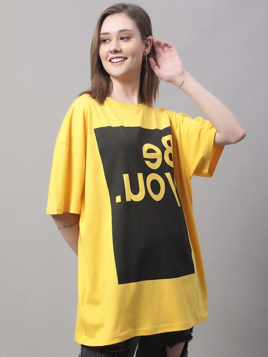 

DOOR74 Women Drop-Shoulder Sleeves Oversize Fitted Cotton T-shirt, Yellow