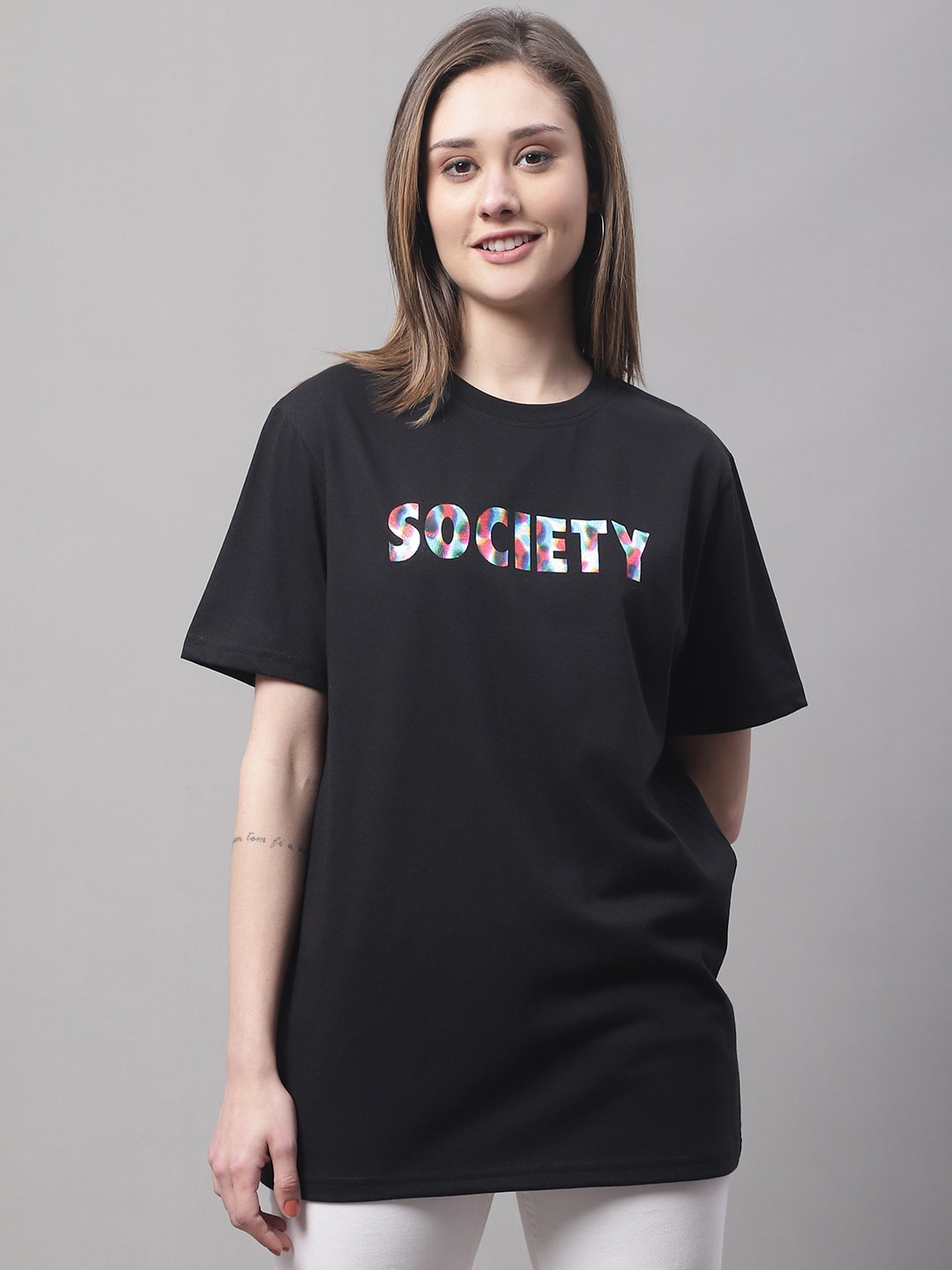 

DOOR74 Women Typography Printed Cotton Oversize T-shirt, Black