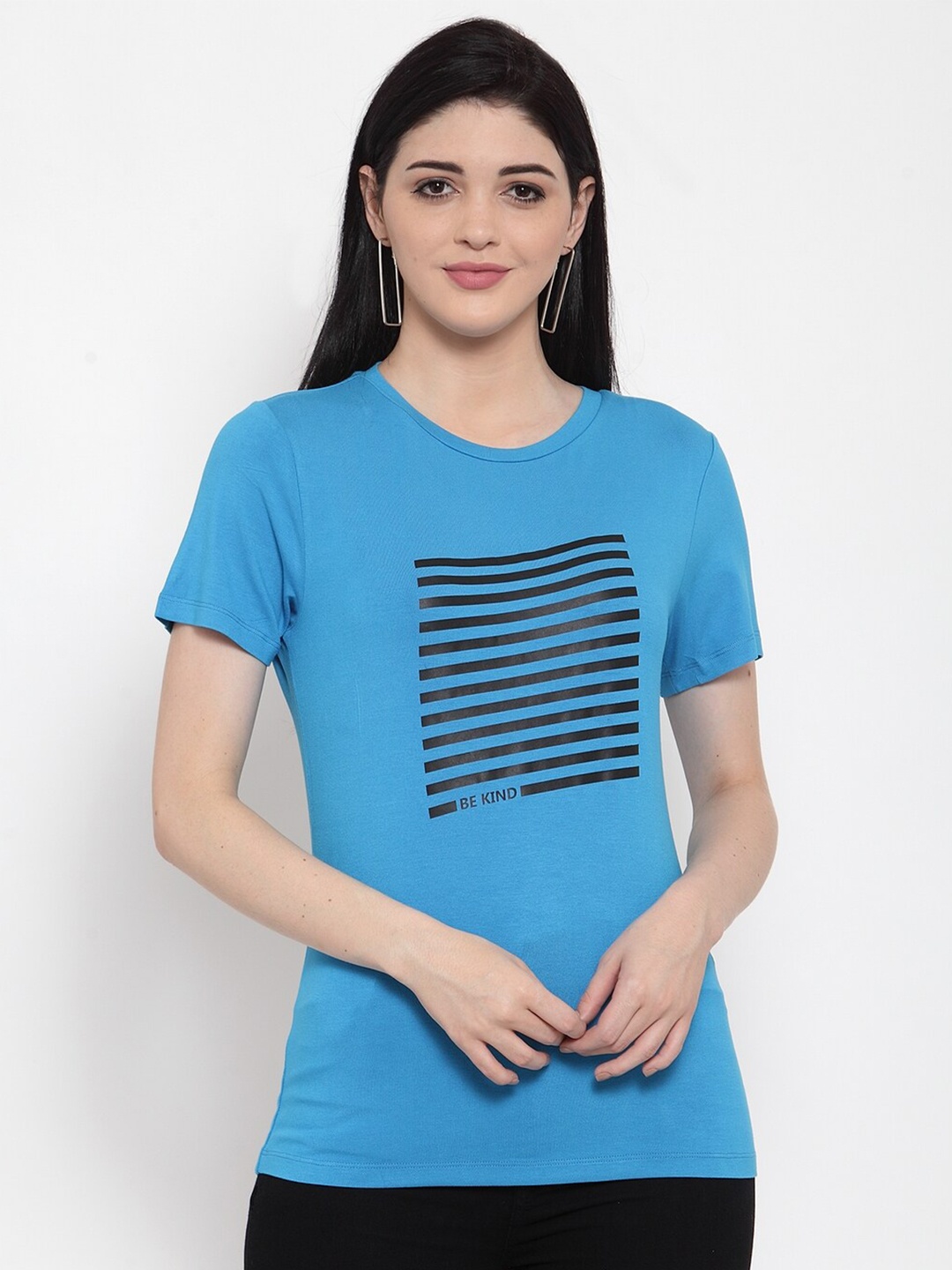 

DOOR74 Women Stripes Printed Cotton T-shirt, Blue
