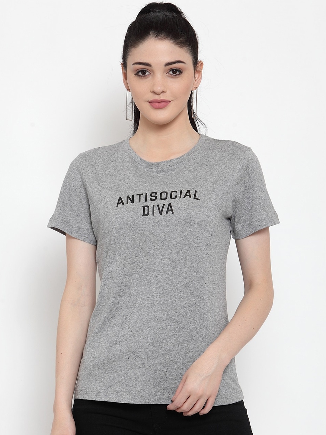 

DOOR74 Women Typography Printed Cotton T-shirt, Grey