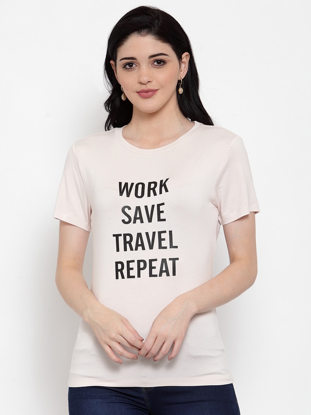 

DOOR74 Women Typography Printed Cotton T-shirt, Pink