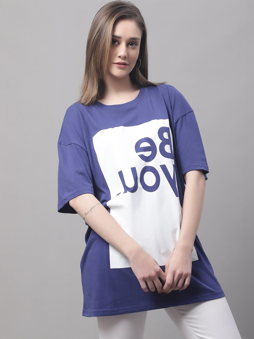 

DOOR74 Typography Printed Drop-Shoulder Sleeves Oversize Fit Cotton T-shirt, Navy blue