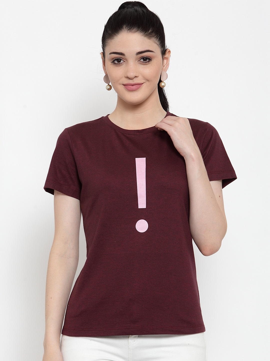 

DOOR74 Women Round Neck Cotton T-shirt, Maroon