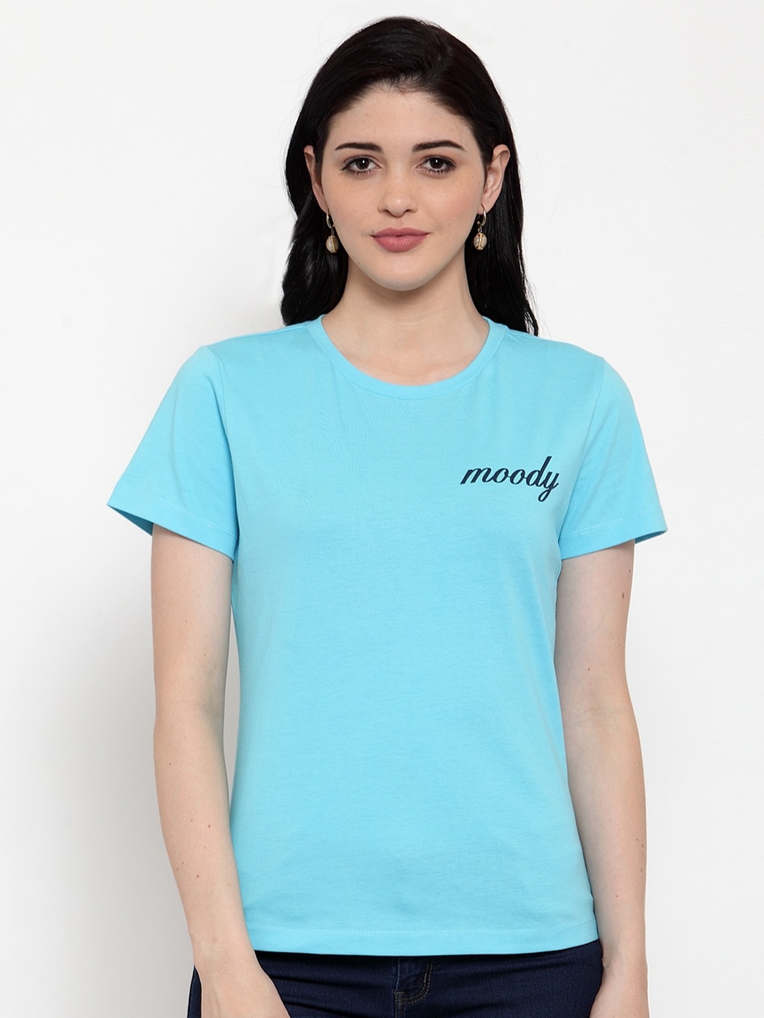 

DOOR74 Women Round Neck Cotton T-shirt, Blue