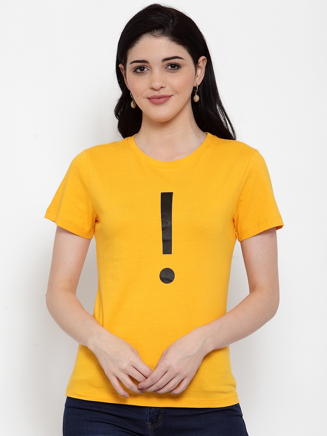 DOOR74 Women Typography Printed Cotton T-shirt, Yellow