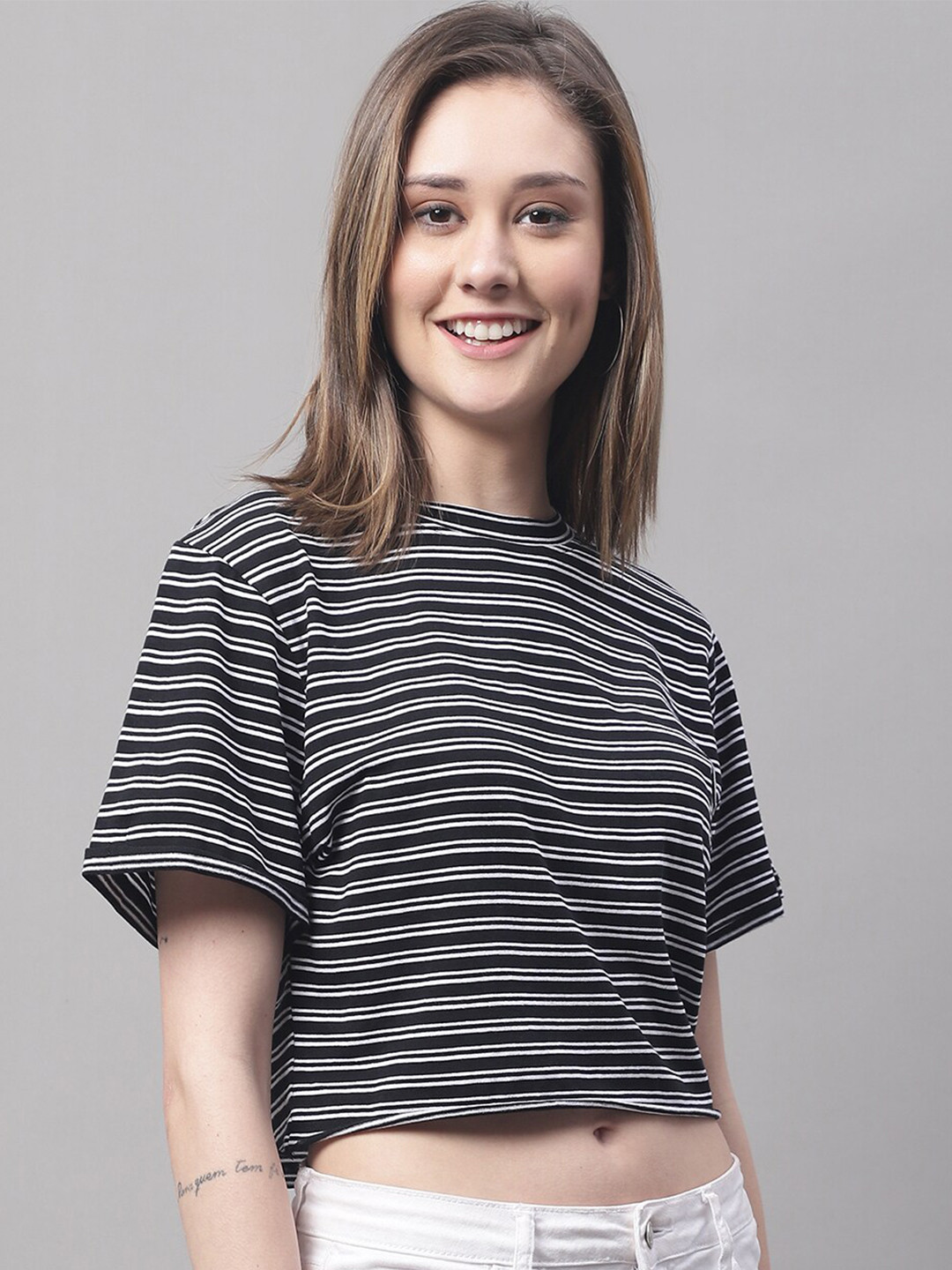 

DOOR74 Striped Cotton Crop T-shirt, Black