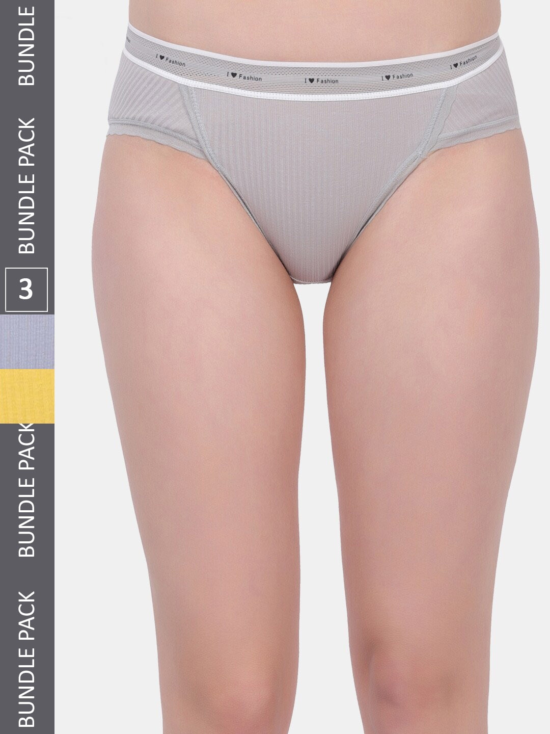 Amour Secret Women Pack Of 3 Striped Anti-Bacterial Hipster Briefs, Grey