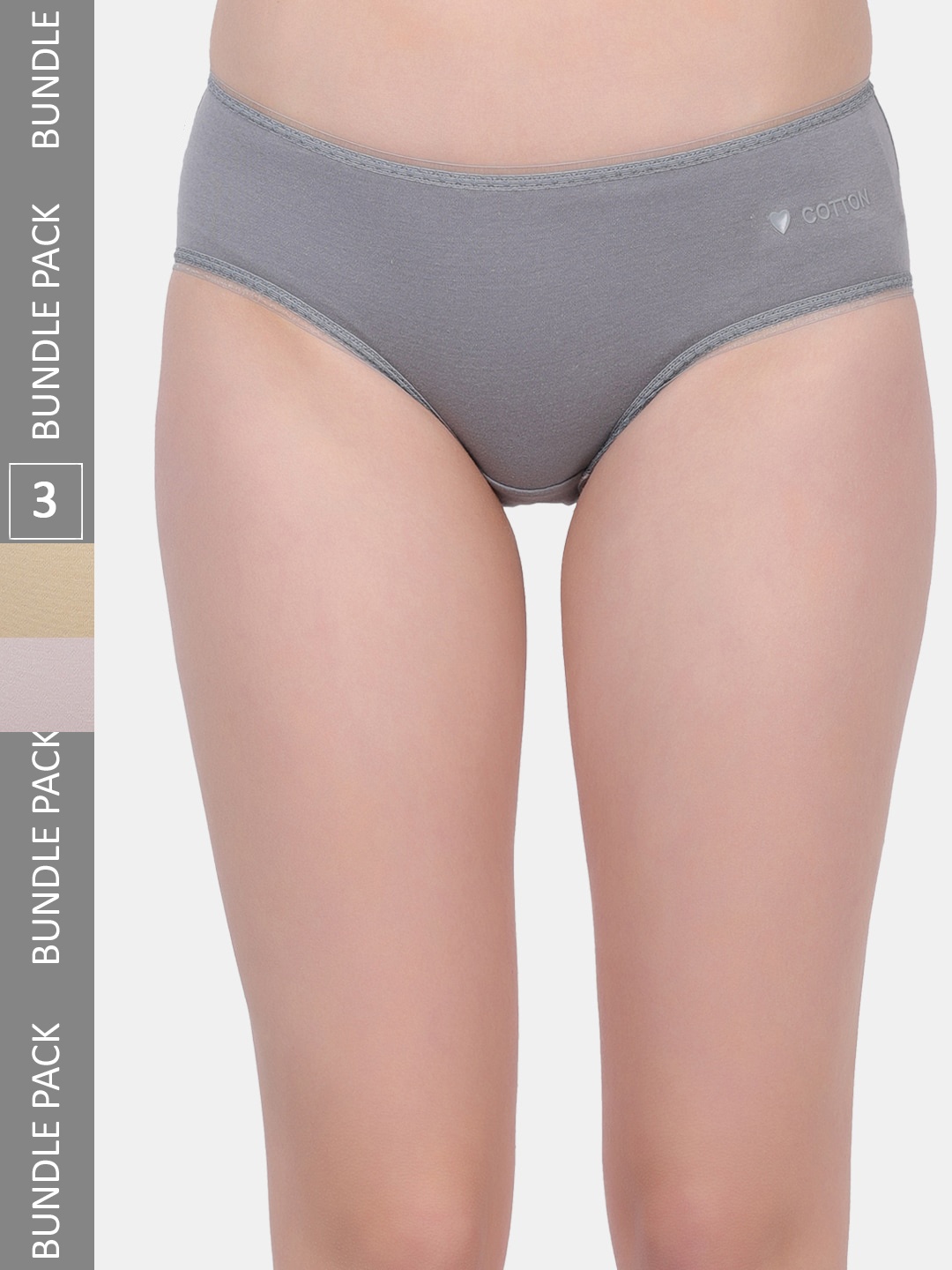 Amour Secret Women Pack Of 3 Anti-Bacterial Hipster Briefs, Grey
