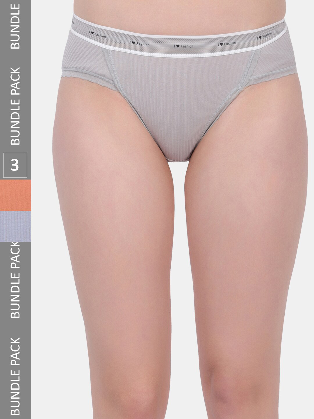 

Amour Secret Women Pack Of 3 Striped Mid-Rise Anti-Bacterial Bikini Briefs, Grey