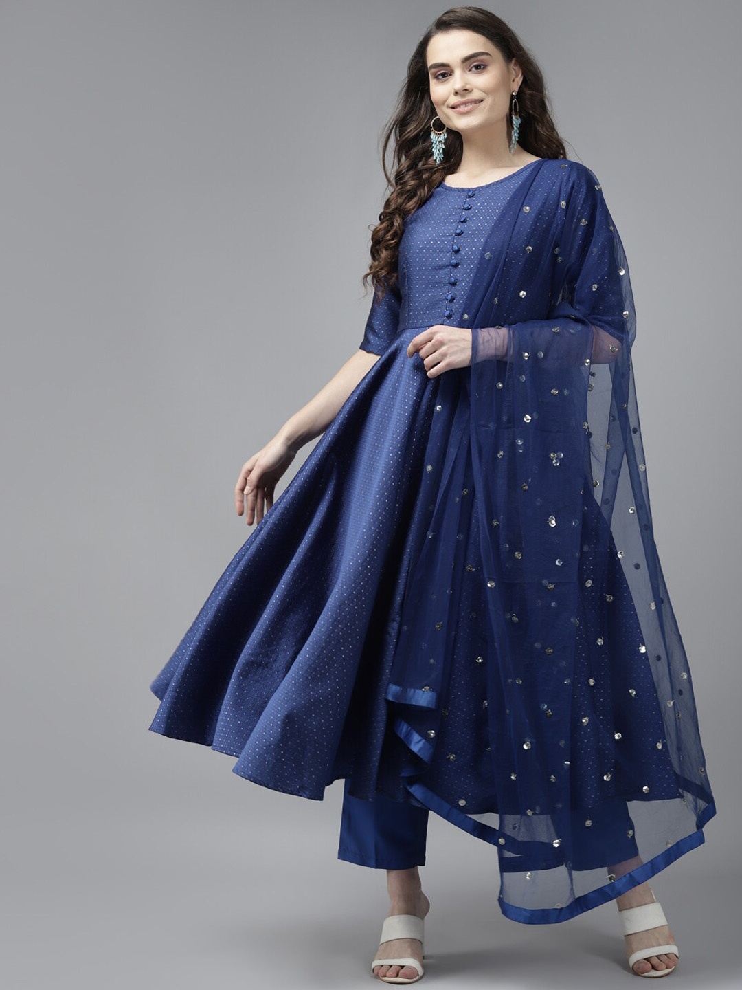 

PANIT Embroidered Round Neck Anarkali Kurta with Trousers & Dupatta, Navy blue