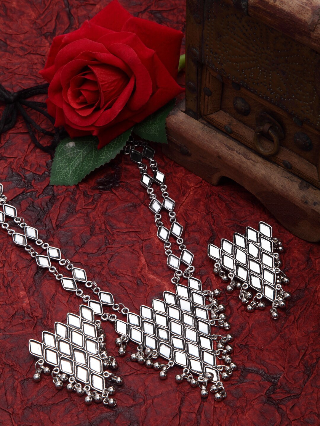 

Moedbuille Silver-Plated Mirror Work Triangular Shaped Brass Jewellery Set