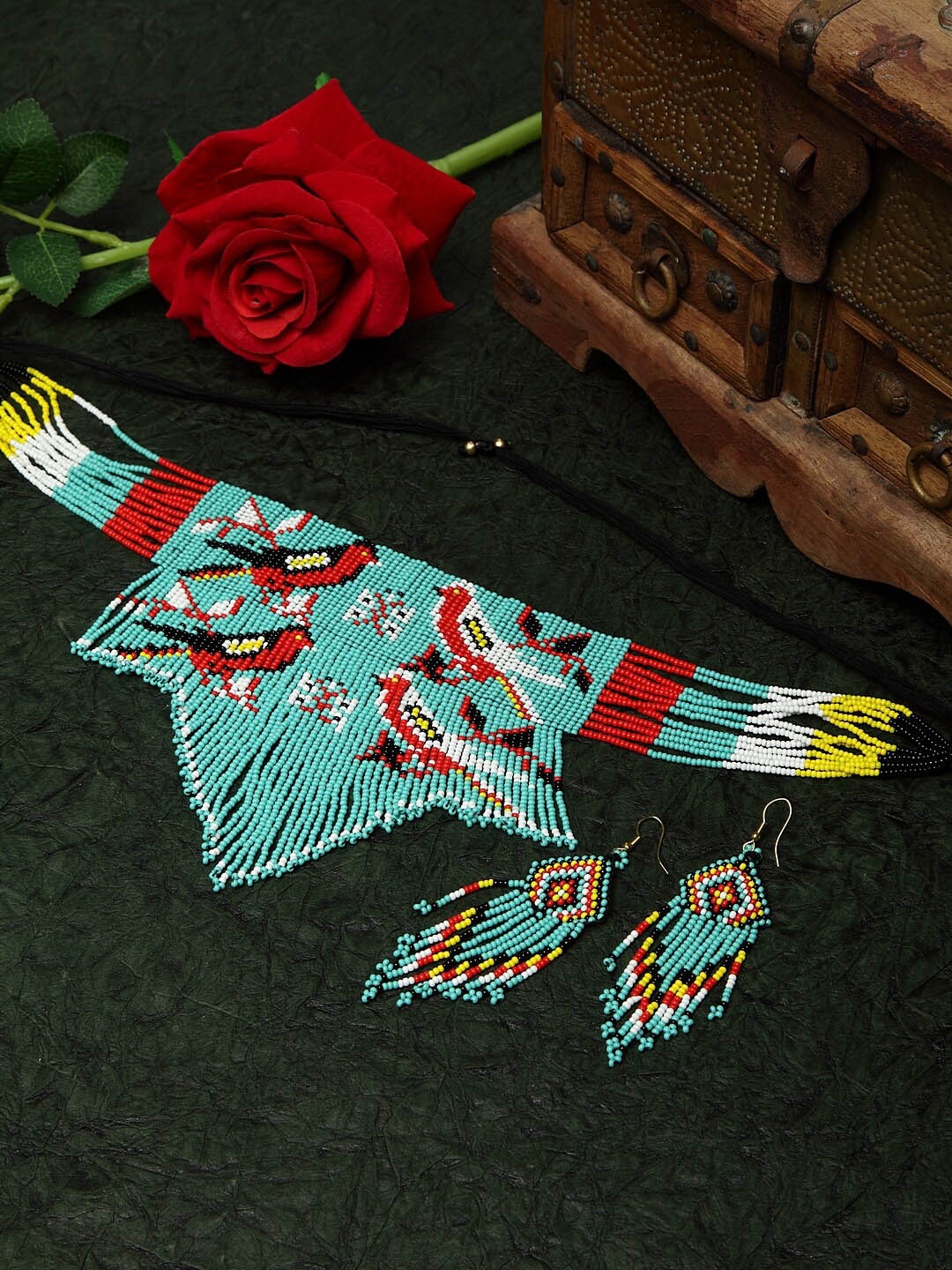 

Moedbuille Hand Woven Beaded & Tasselled Afghan Jewellery Set, Turquoise blue