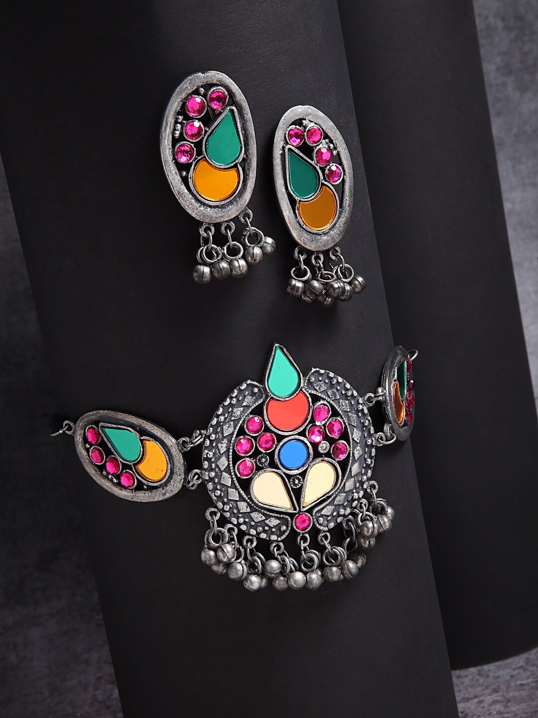 

Moedbuille Oxidized Silver-Plated Crystal-Studded & Beaded Jewellery Set