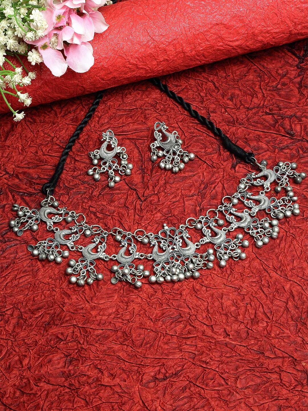 

Moedbuille Silver-Plated Oxidised & Beaded Tribal Look Jewellery Set, Metallic