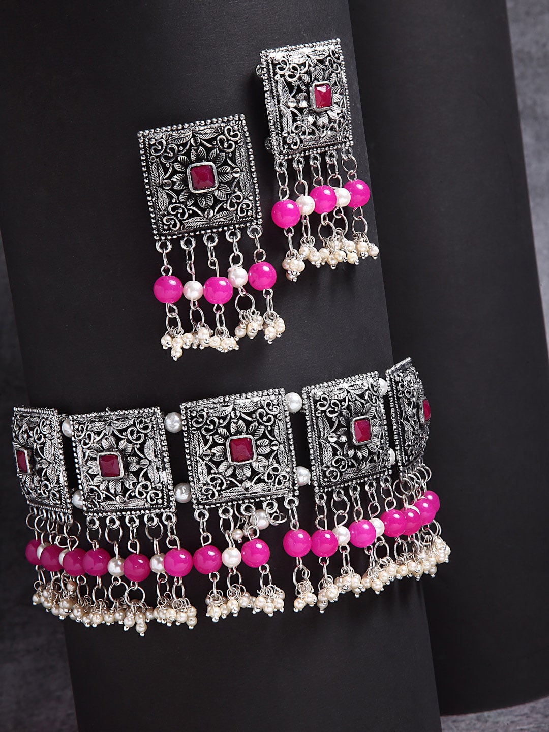 

Moedbuille Oxidized Silver-Plated Crystal-Studded & Pearl Beaded Jewellery Set