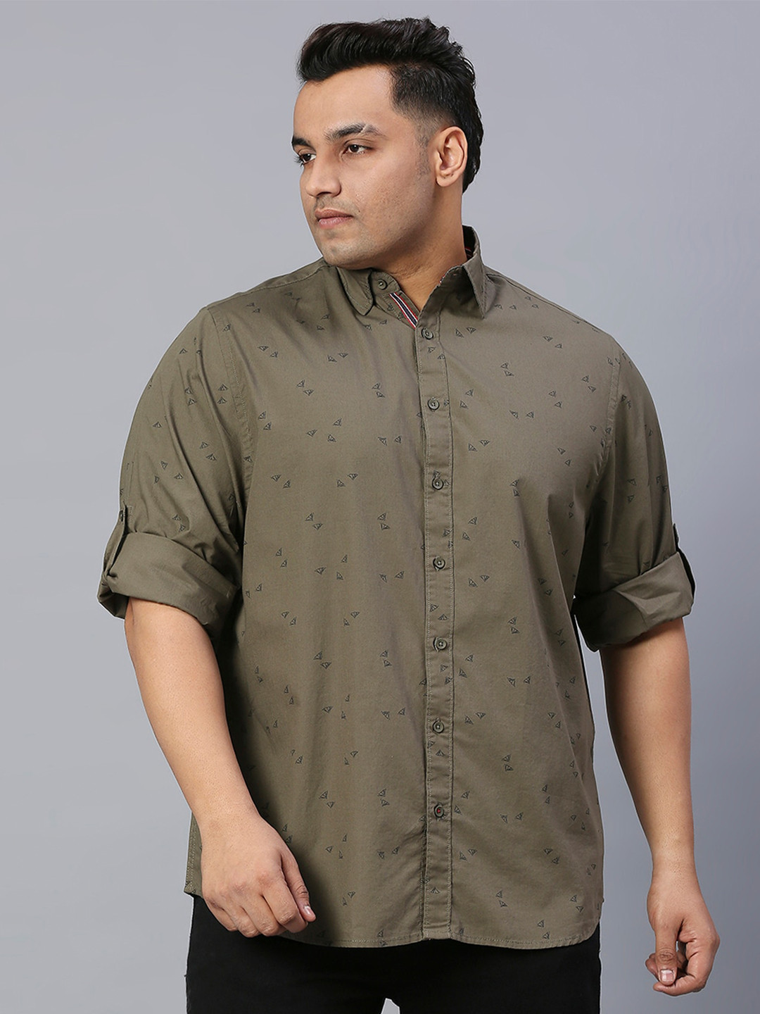 

Freeform by High Star Plus Size Slim Fit Printed Casual Cotton Shirt, Olive