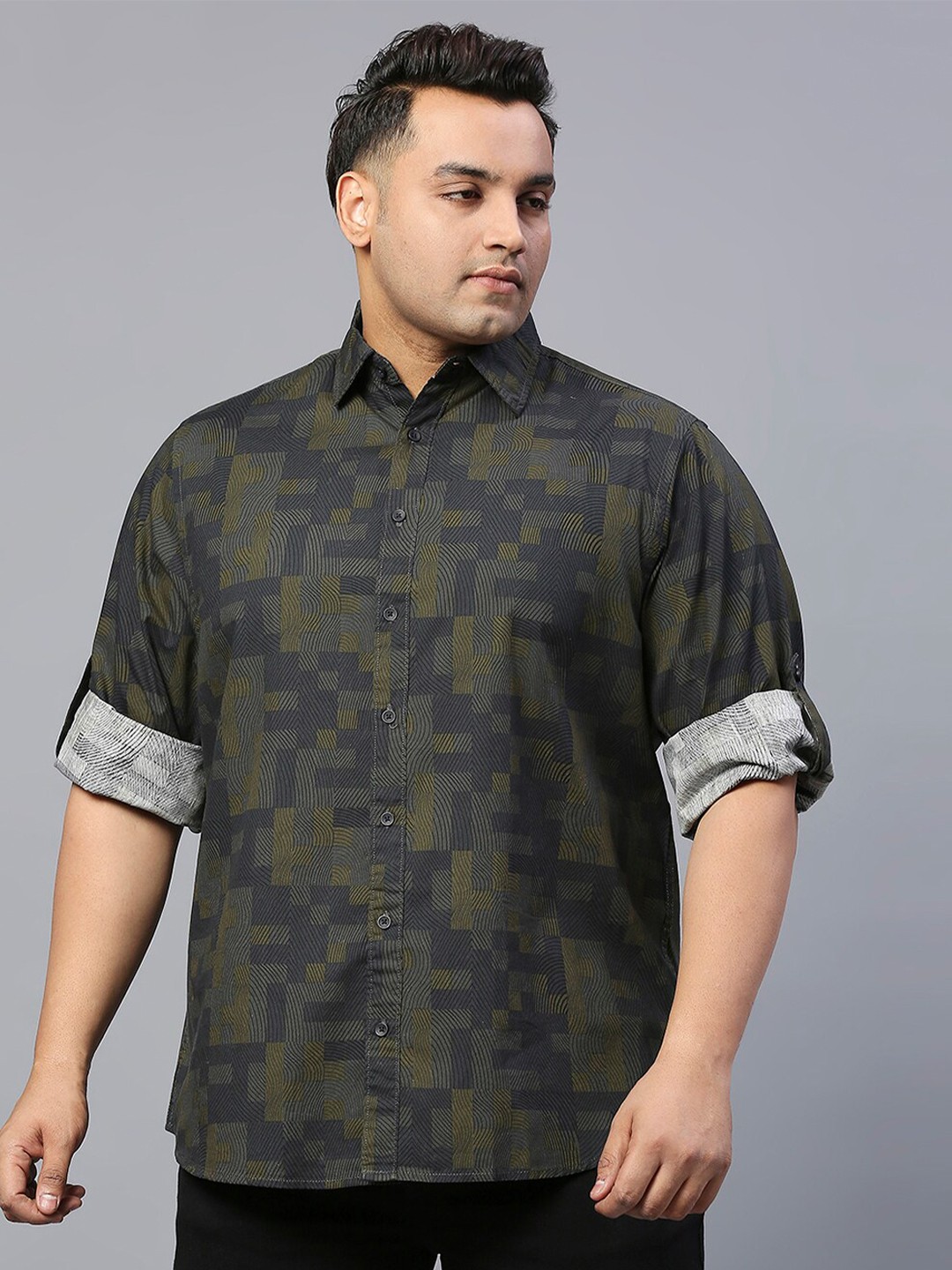 

Freeform by High Star Plus Size Slim Fit Printed Casual Cotton Shirt, Mustard