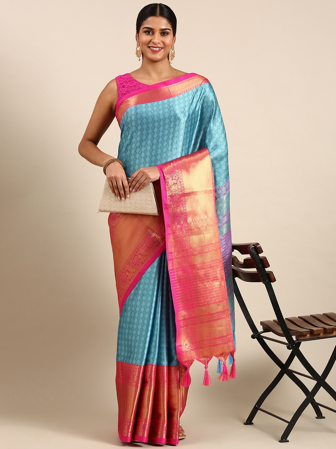 

FASHDEAL Ethnic Motifs Zari Pure Cotton Saree, Blue