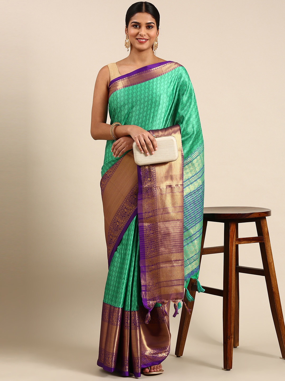 

FASHDEAL Ethnic Motifs Zari Pure Cotton Saree, Green