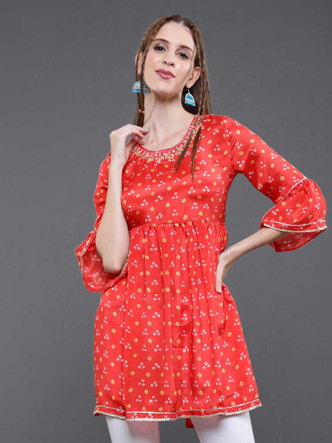 

saubhagya Embroidered Printed Round Neck Tunic Top, Orange