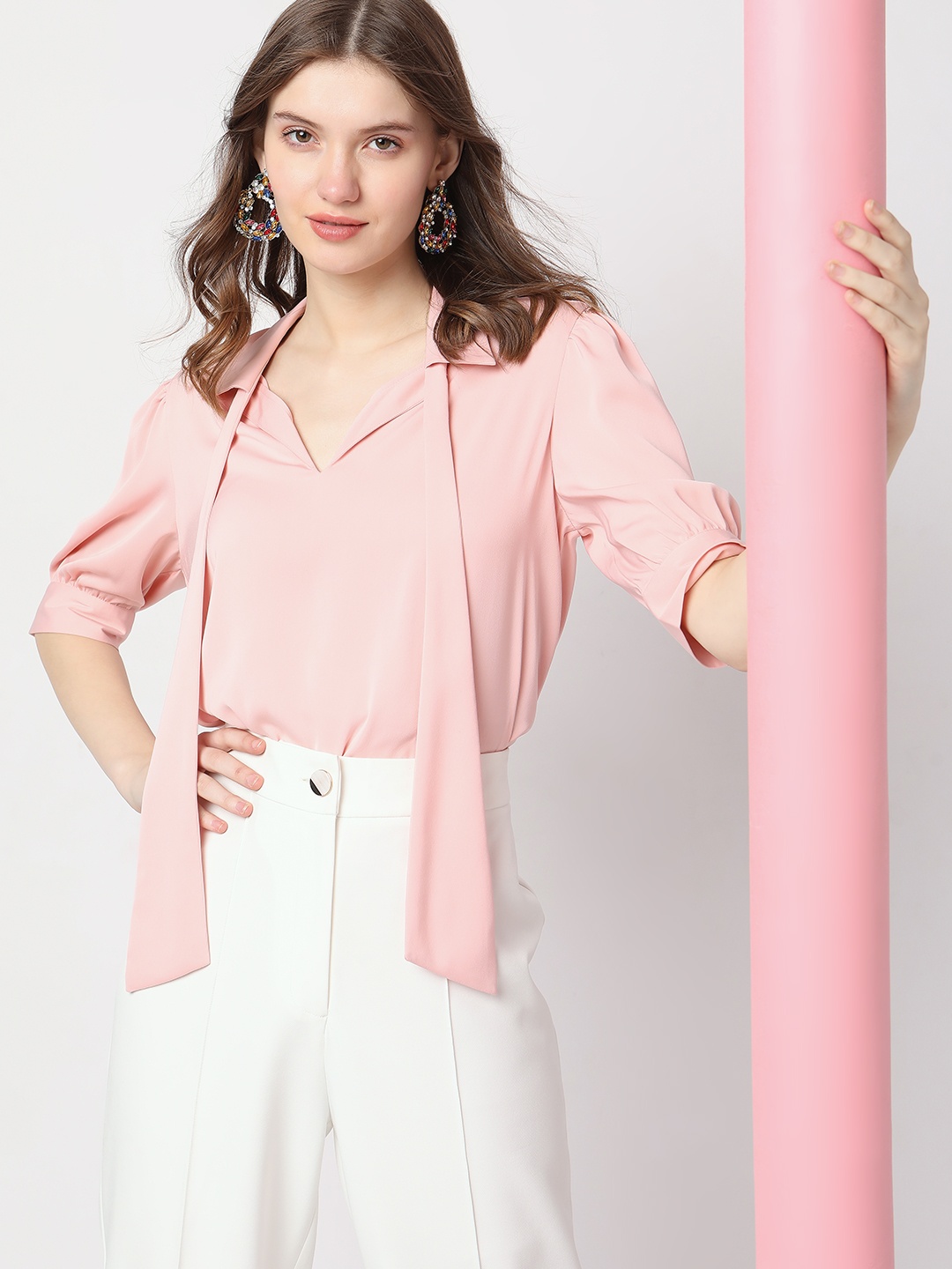 

Vero Moda Tie-Up Neck Puff Sleeves Top, Pink