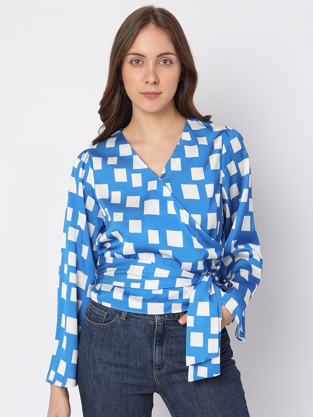 

Vero Moda Printed Waist Tie-Up Wrap Top, Blue