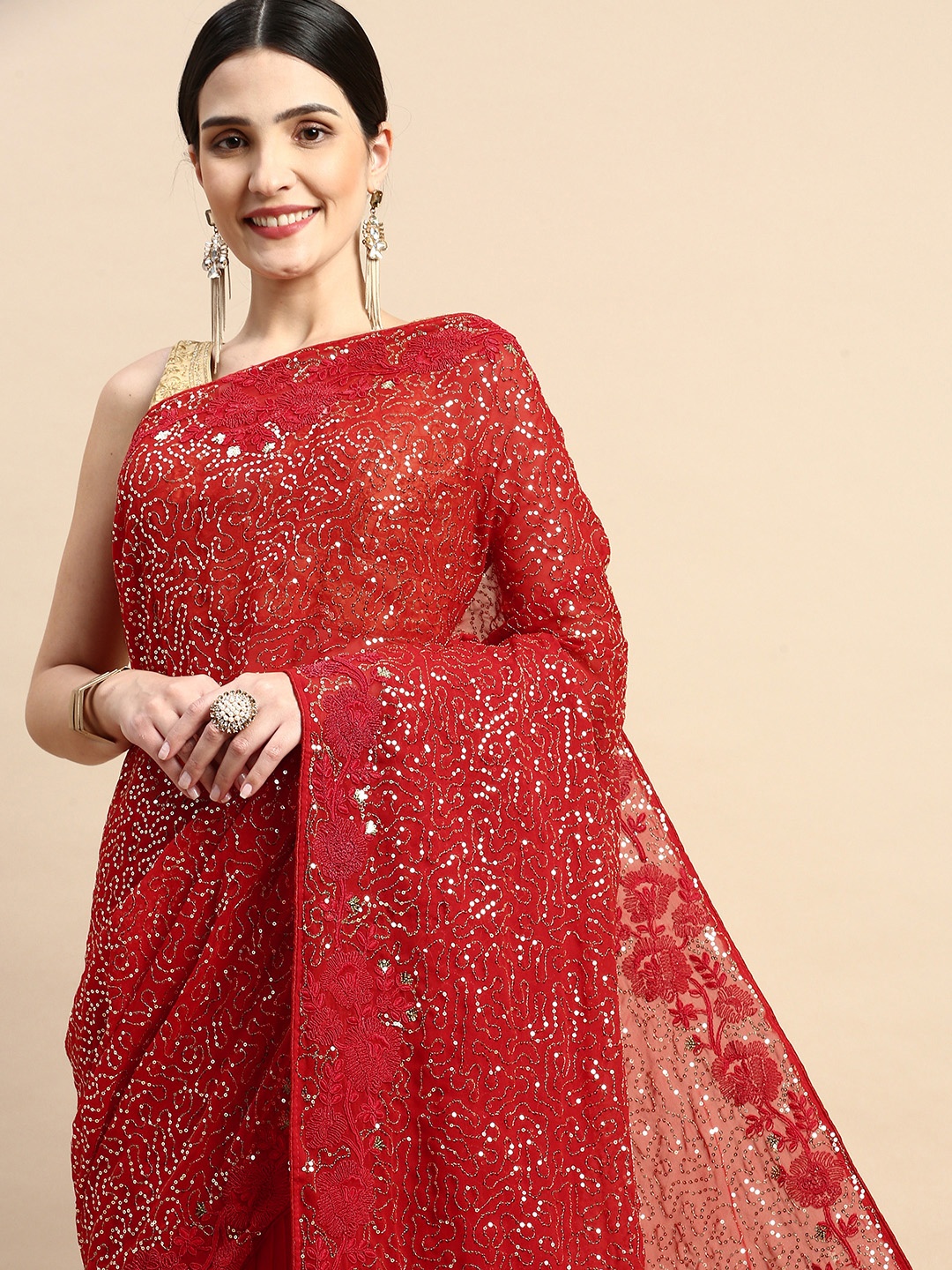 

VASTRANAND Embellished Sequinned Heavy Work Saree, Red