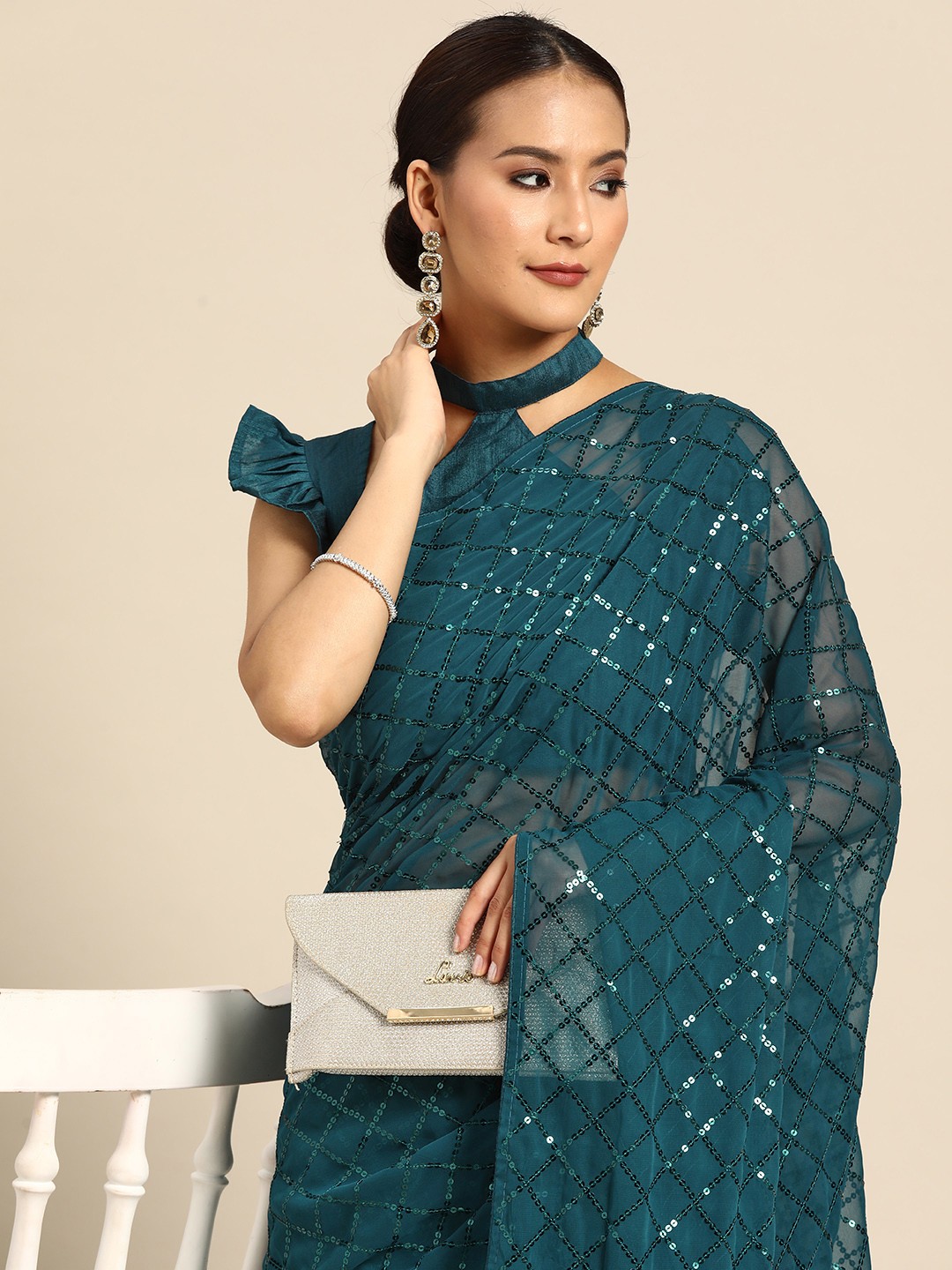 

SERONA FABRICS Checked Sequinned Pure Georgette Saree, Blue