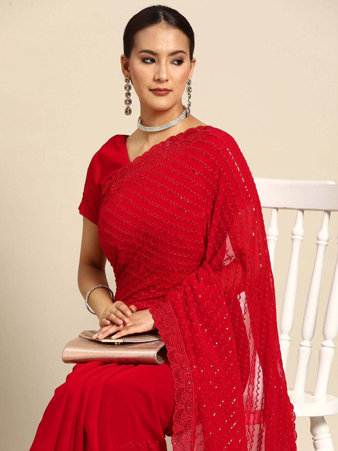 

SERONA FABRICS Embellished Sequinned Pure Georgette Saree, Red