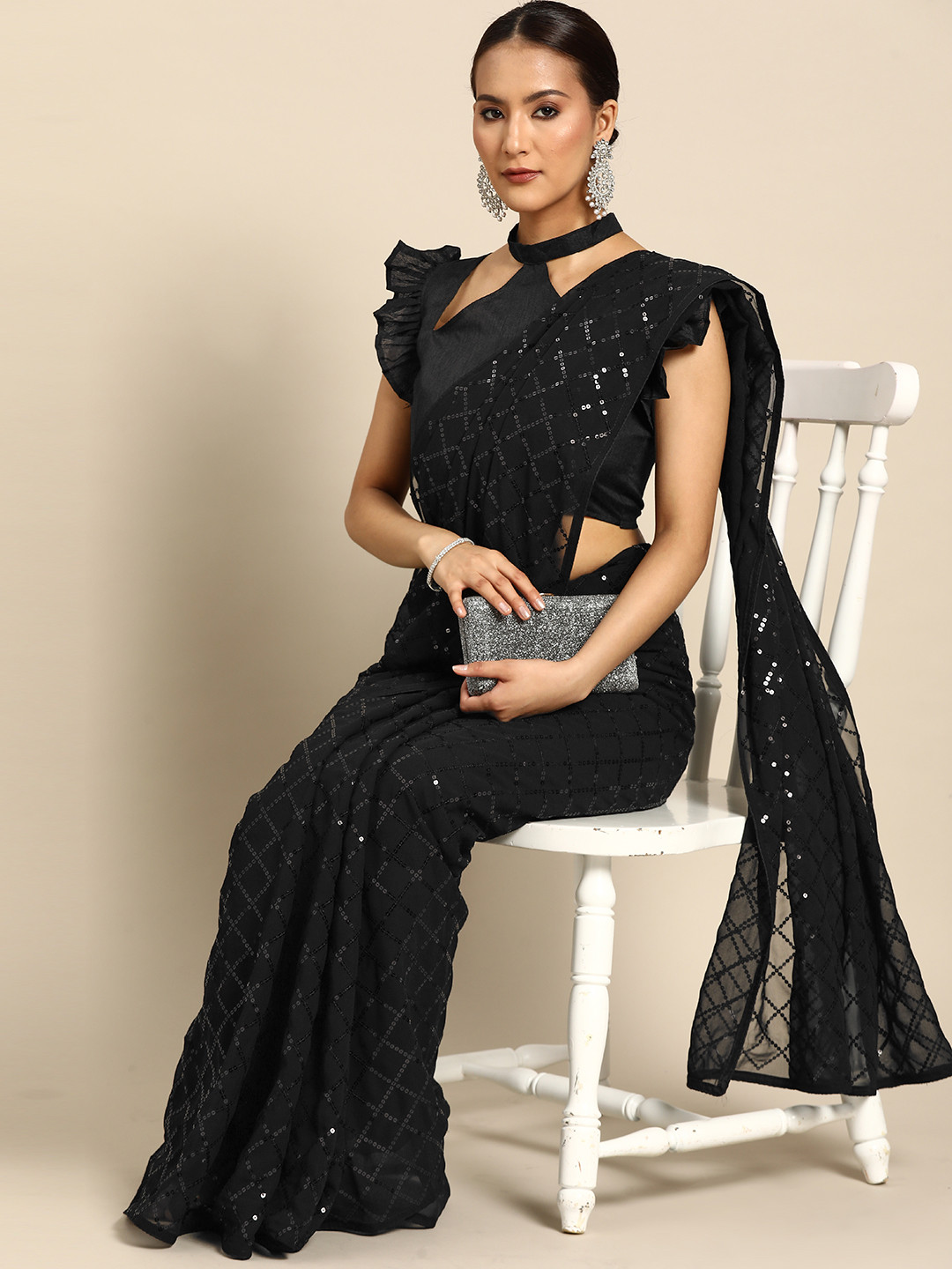 

SERONA FABRICS Checked Sequinned Pure Georgette Saree, Black