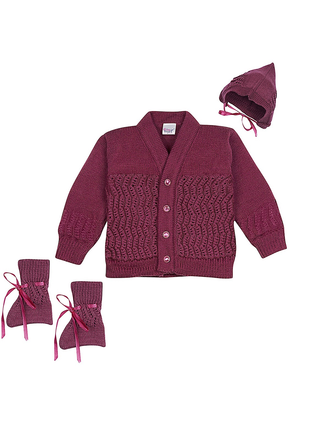 

Little Angels Kids Cable Knit Cardigan Sweater With Cap & Socks, Maroon
