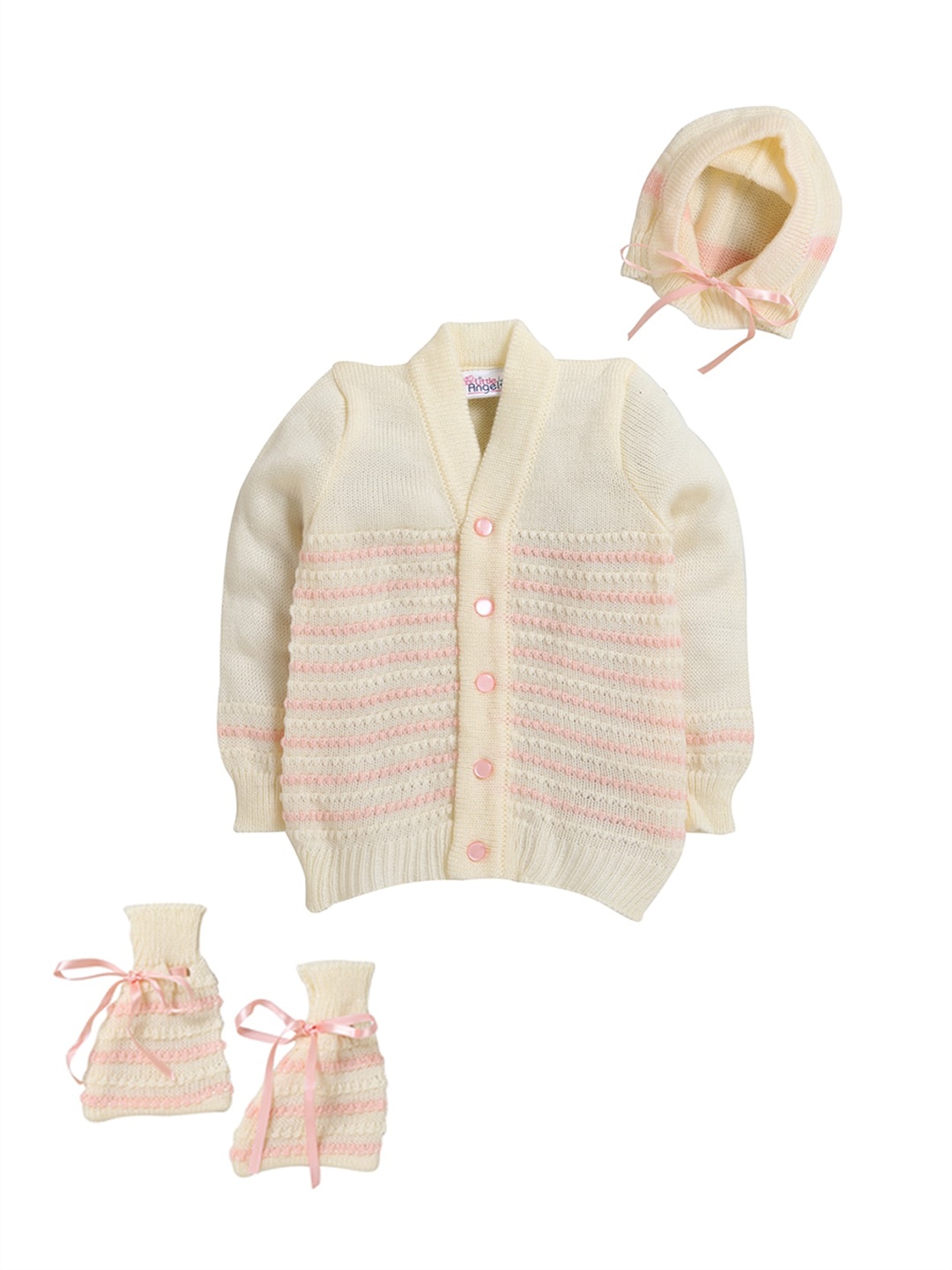 

Little Angels Kids Cable Knit Cardigan Sweater With Cap & Socks, Off white