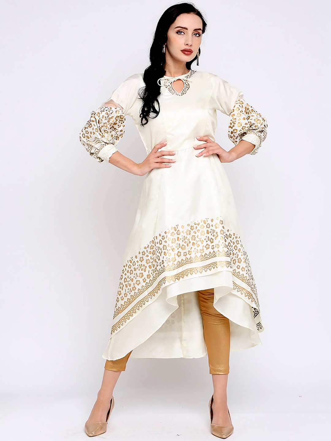 

Ira Soleil Puff Sleeves High Low Gotta Patti Kurta, Off white