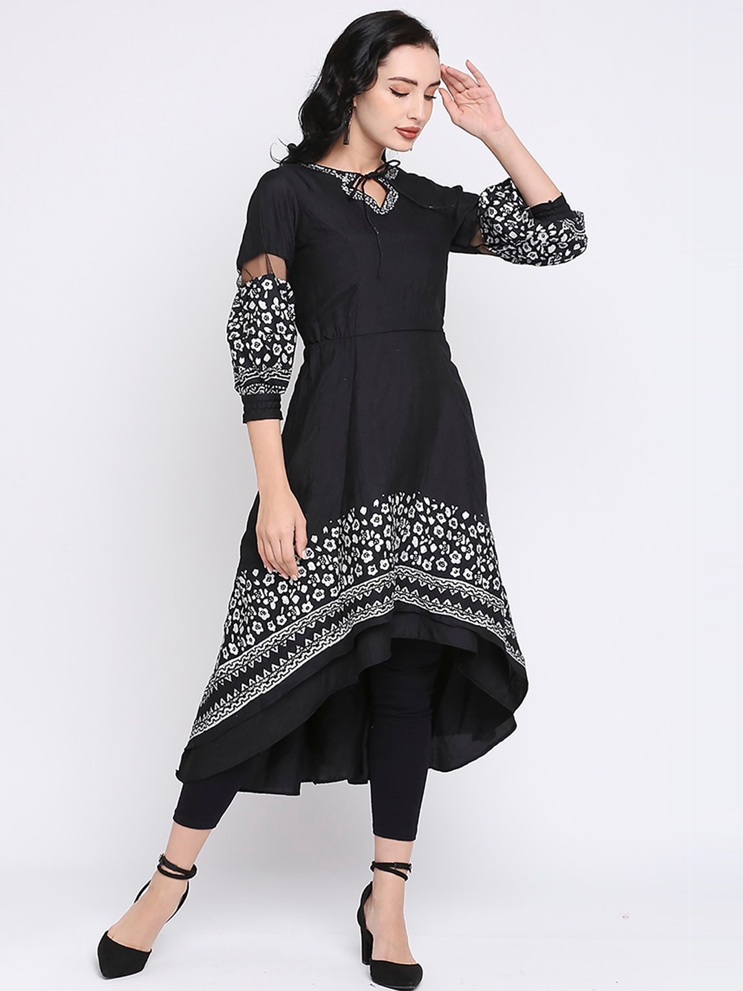 

Ira Soleil Ethnic Motifs Puffed Sleeves Kurta, Black