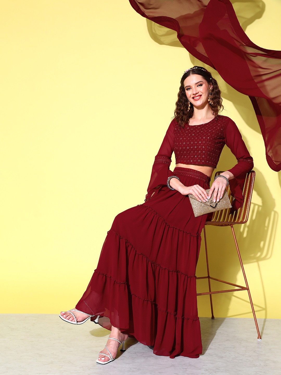 

Kvsfab Embroidered Sequinned Ready to Wear Lehenga Choli With Dupatta, Maroon