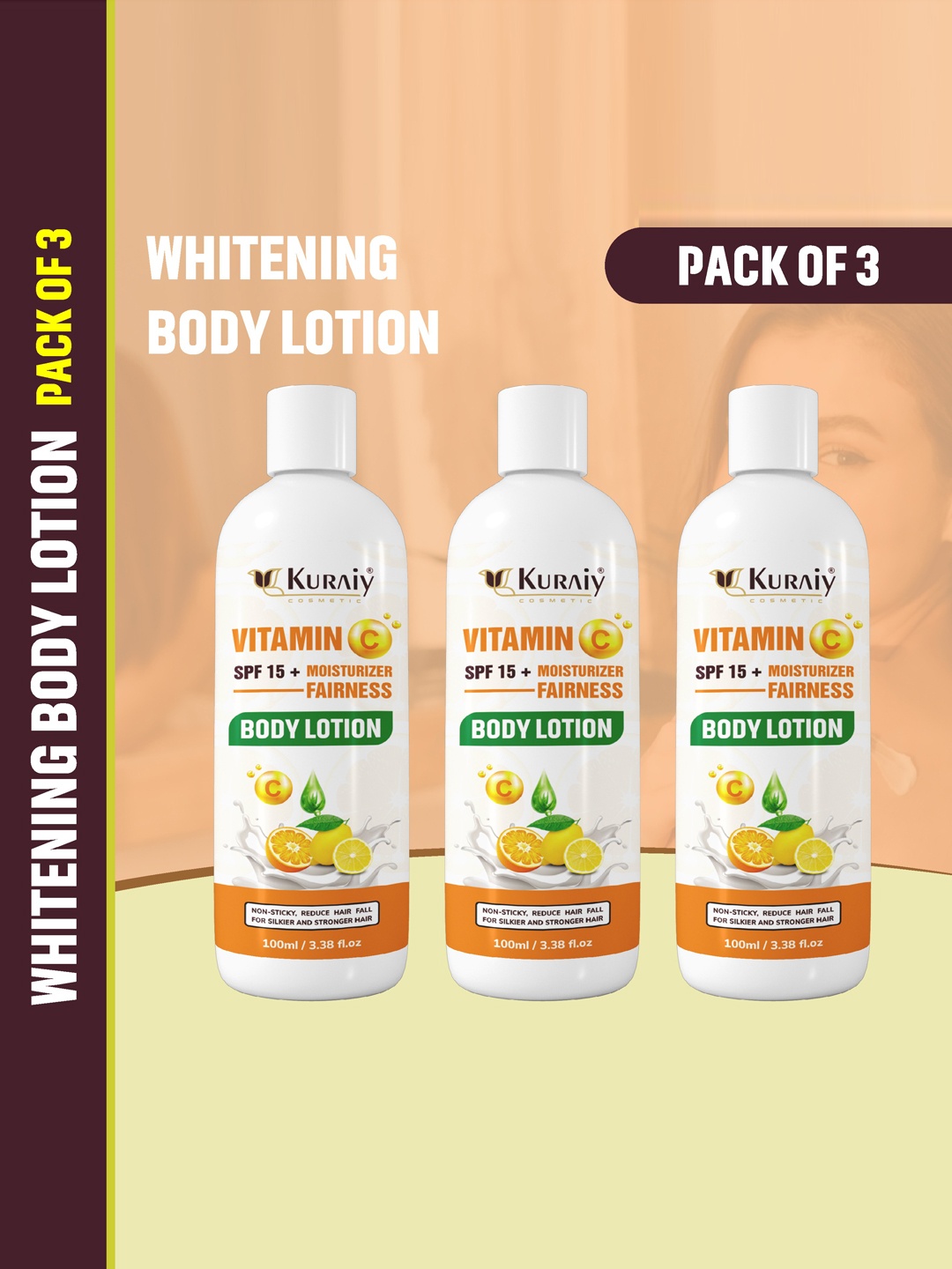 

KURAIY Cosmetic Set of 3 Whitening Body Lotion with Vitamin C - 100 ml each, White