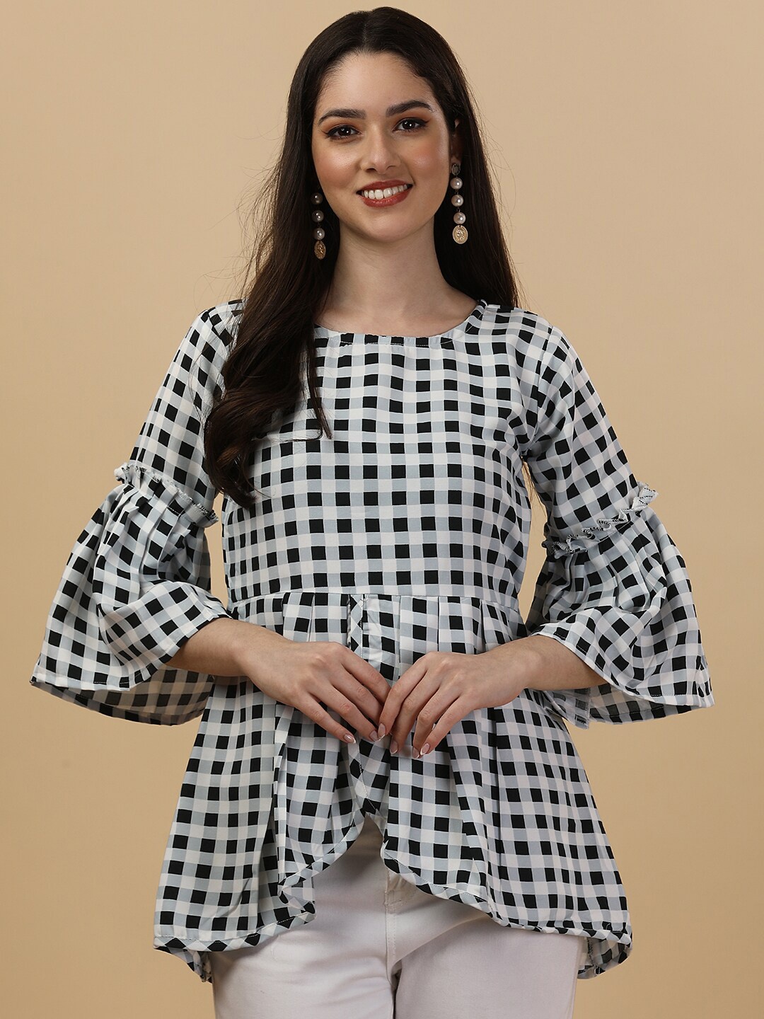 

GUFRINA Checked Bell Sleeves Peplum Top, Black