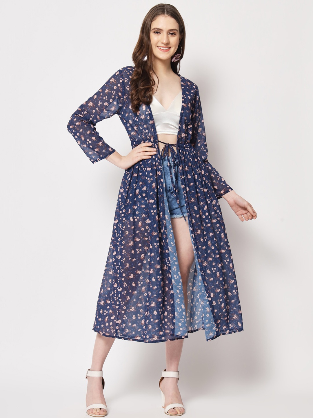 

Womenster Women Floral Printed Gathers Longline Tie-Up Shrug, Navy blue