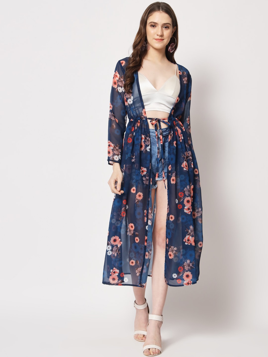 

Womenster Women Floral Printed Gathers Longline Tie-Up Shrug, Navy blue