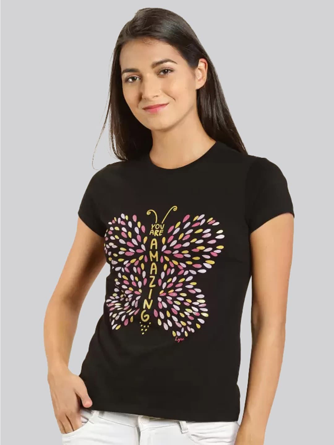 

LYRA Women Graphic Printed Cotton T-shirt, Black
