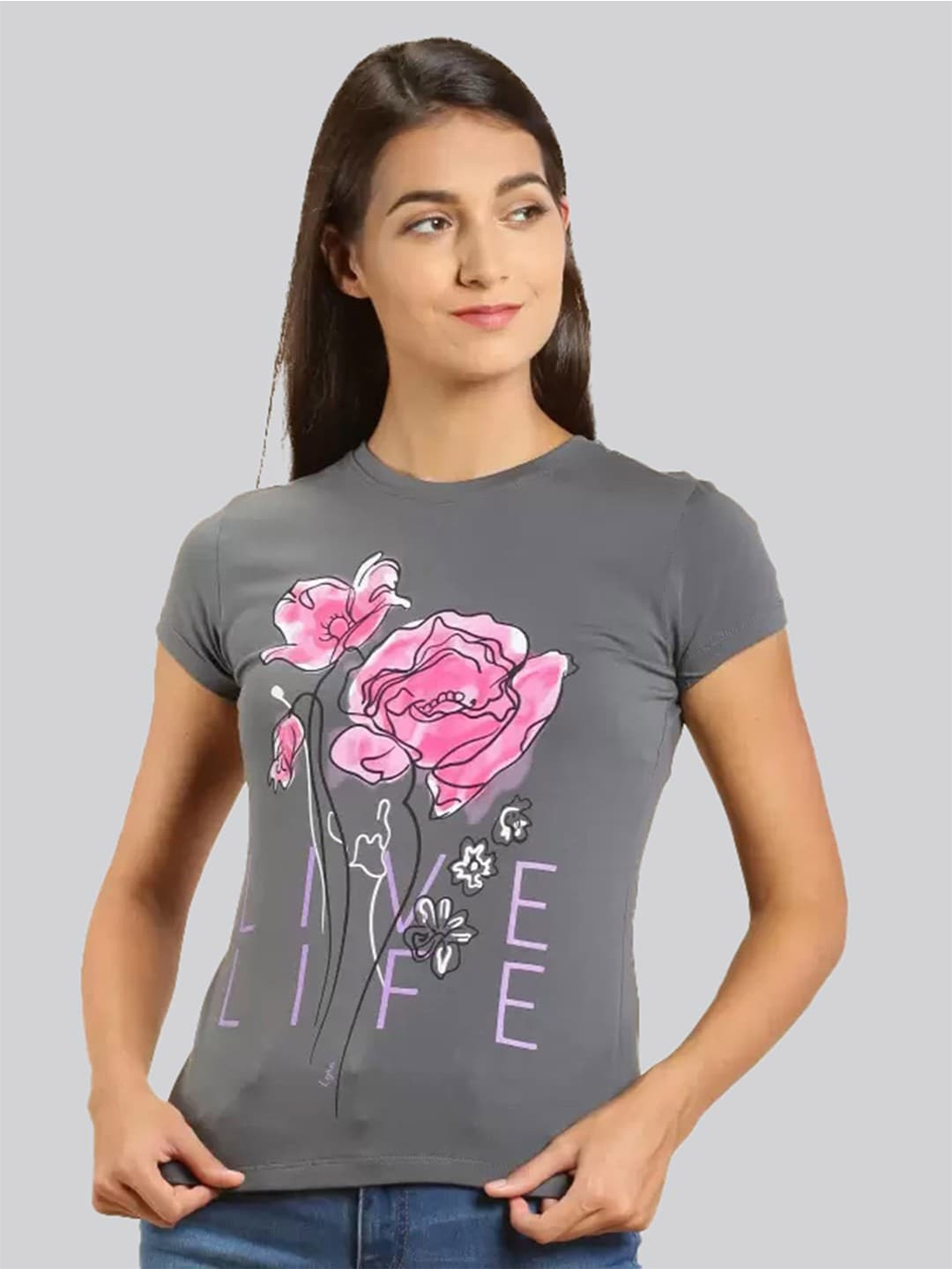 

LYRA Women Floral Printed Cotton T-shirt, Grey